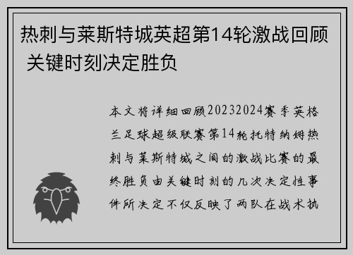 热刺与莱斯特城英超第14轮激战回顾 关键时刻决定胜负 热刺与莱斯特城英超第14轮激战回顾 关键时刻决定胜负