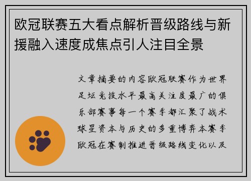 欧冠联赛五大看点解析晋级路线与新援融入速度成焦点引人注目全景
