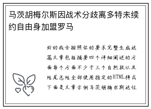 马茨胡梅尔斯因战术分歧离多特未续约自由身加盟罗马