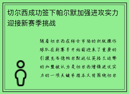 切尔西成功签下帕尔默加强进攻实力迎接新赛季挑战 切尔西成功签下帕尔默加强进攻实力迎接新赛季挑战
